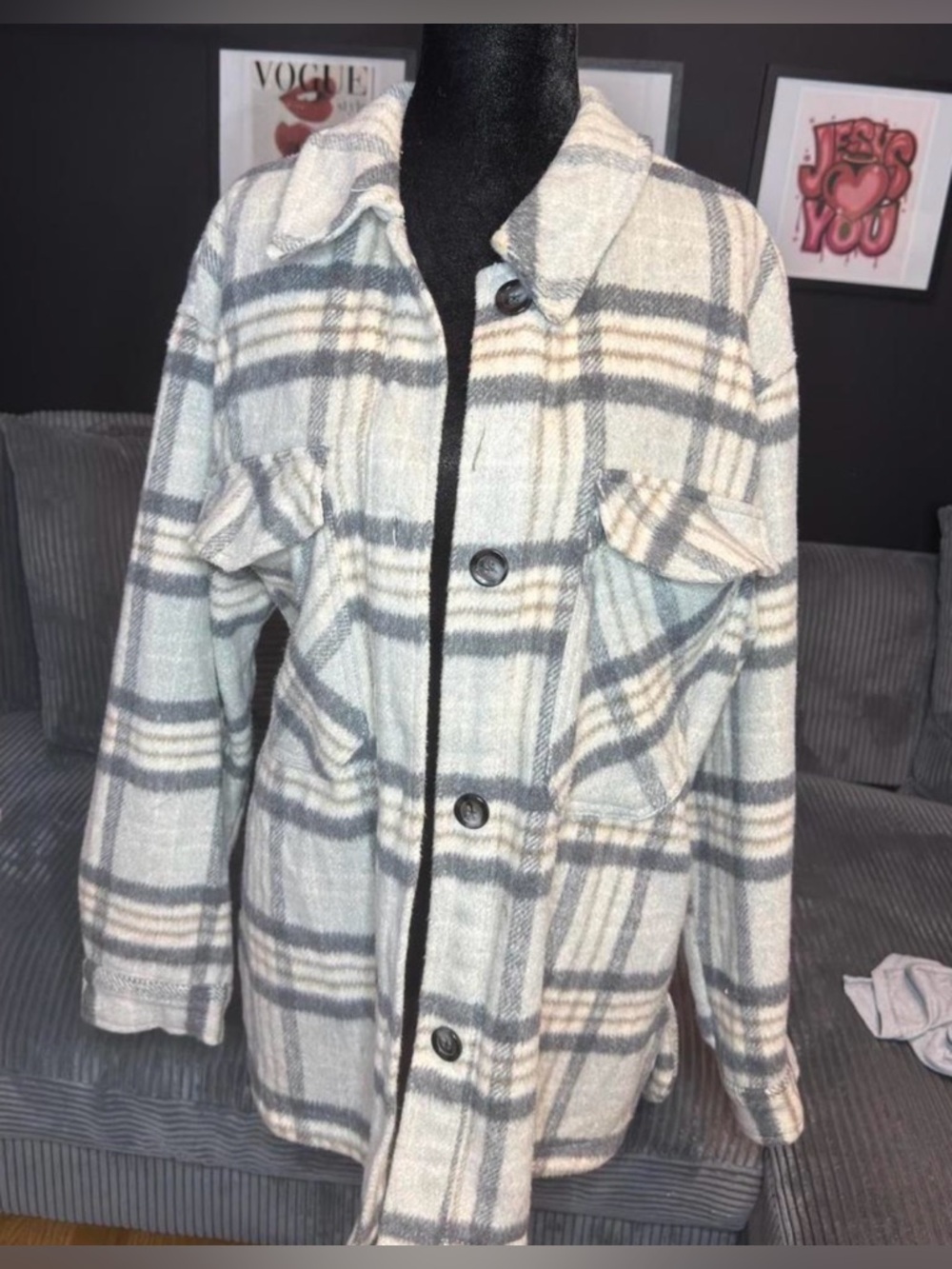Cozy Plaid Button-Up Shacket in Cream and Gray
